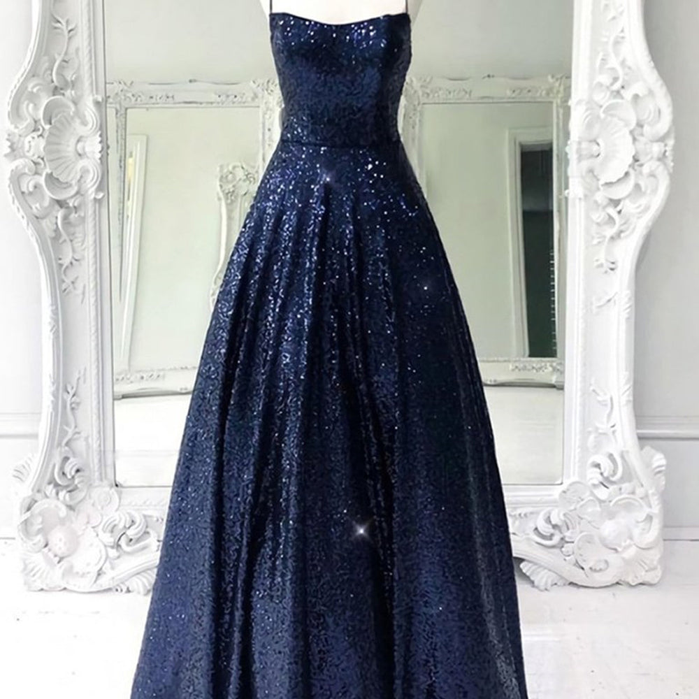 Shiny A Line Open Back Navy Blue Long Prom Dresses, y Backless Navy Blue Formal Evening Dresses