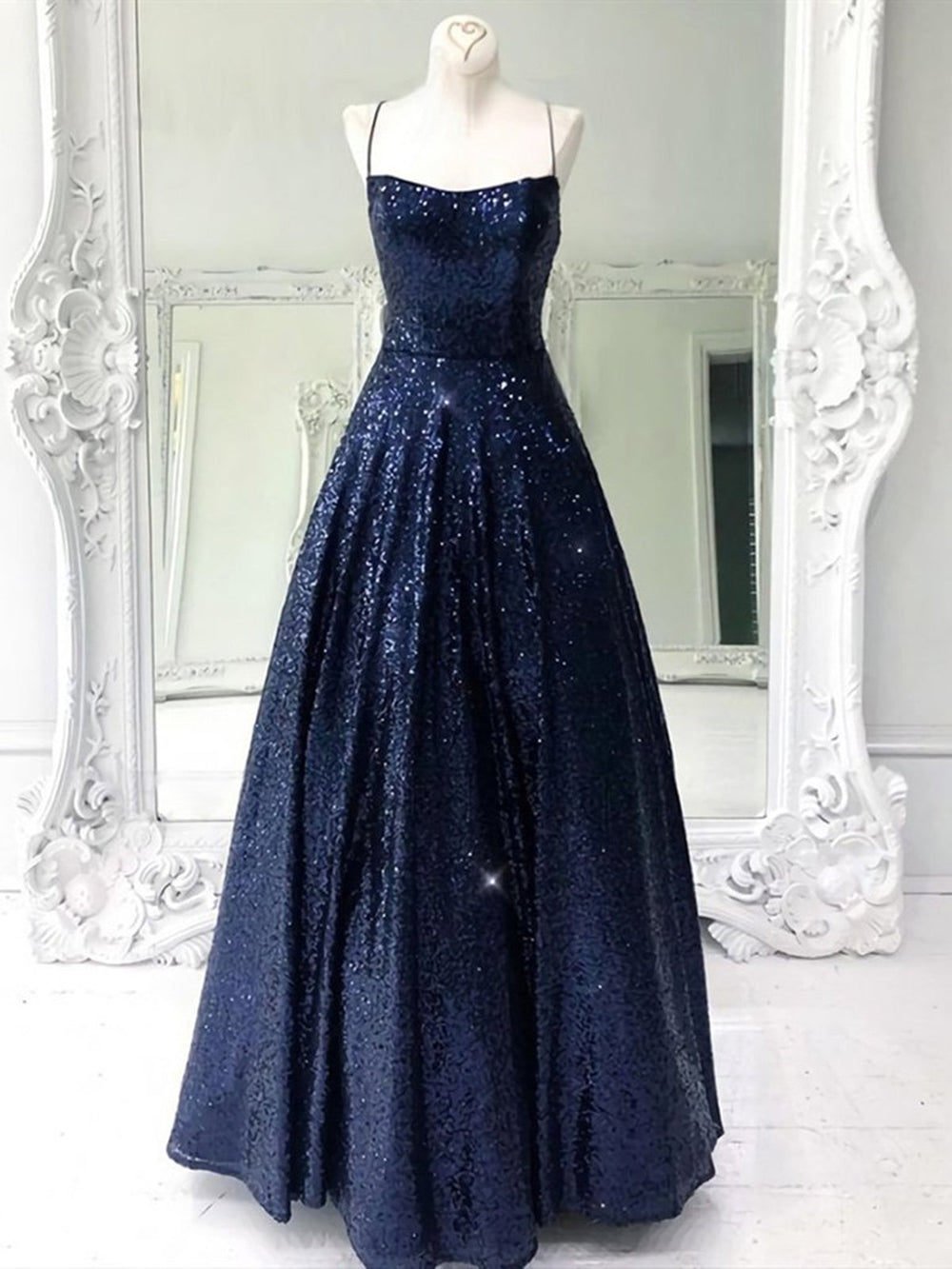 Shiny A Line Open Back Navy Blue Long Prom Dresses, y Backless Navy Blue Formal Evening Dresses