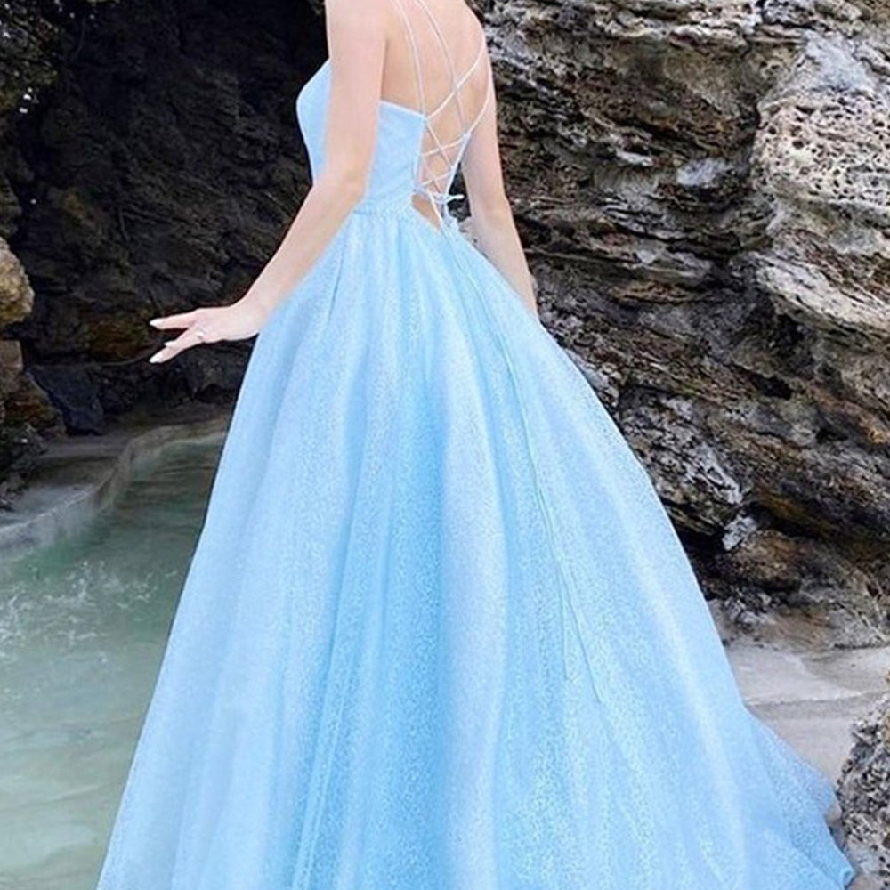 
                      
                        Shiny A Line Thin Straps Backless Blue Long Prom Dresses, Open Back Light Blue Formal Evening Dresses
                      
                    