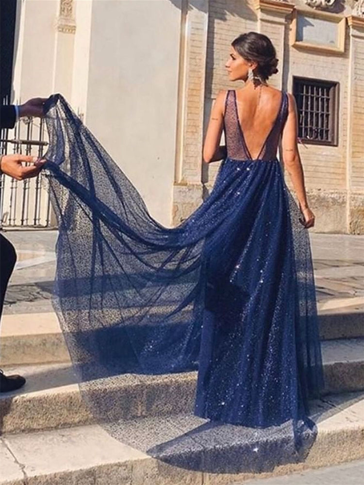 
                      
                        Shiny A Line V Neck and V Back Navy Blue Long Prom Dresses, y V Neck Backless Navy Blue Formal Graduation Evening Dresses
                      
                    