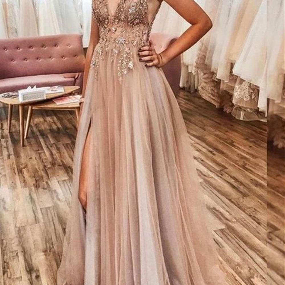 
                      
                        Shiny A Line V Neck Champagne Beaded Long Prom Dresses, Champagne Long Formal Evening Dresses with Beadings
                      
                    