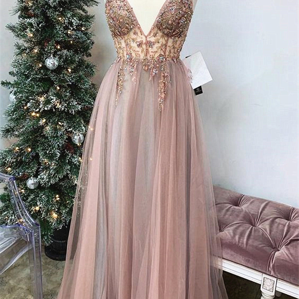 Shiny A Line V Neck Champagne Beaded Long Prom Dresses, Champagne Long Formal Evening Dresses with Beadings