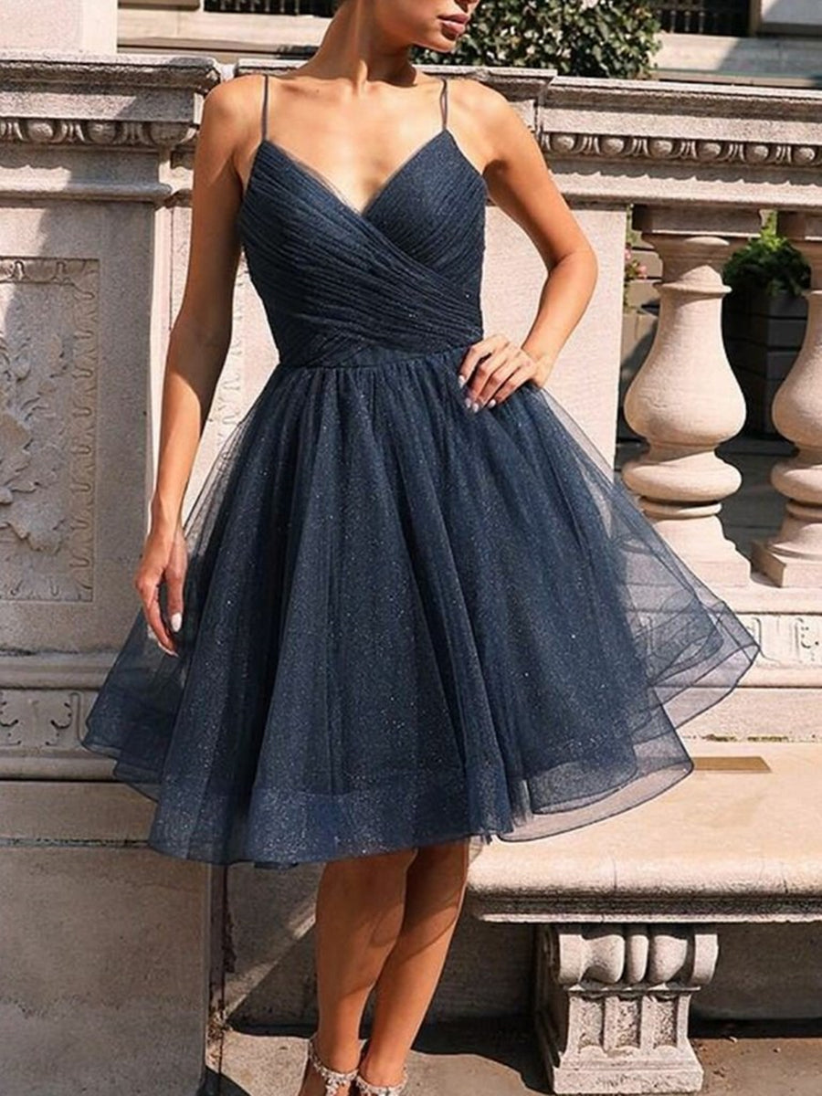 Shiny A Line V Neck Dark Blue Short Prom Dresses, V Neck Dark Navy Blue Formal Graduation Homecoming Dresses