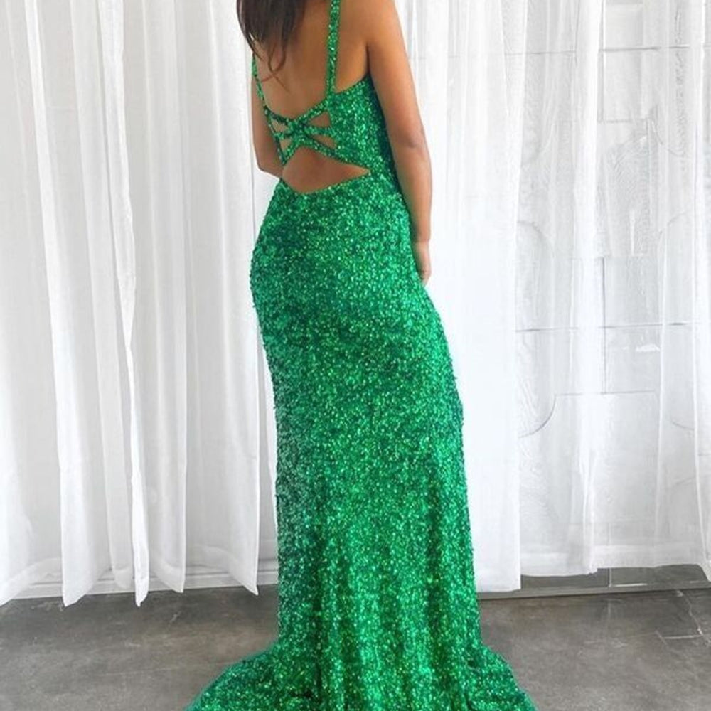 
                      
                        Shiny Green Sequins V Neck Mermaid Long Prom Dresses with High Slit, Open Back Green Formal Dresses, Green Sequins Evening Dresses 
                      
                    