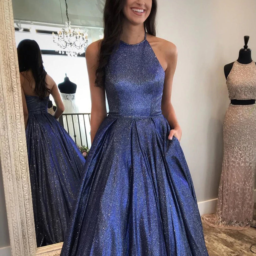 Shiny Halter Neck Backless Dark Blue Long Prom Dresses with Pocket, Backless Blue Formal Graduation Evening Dresses 