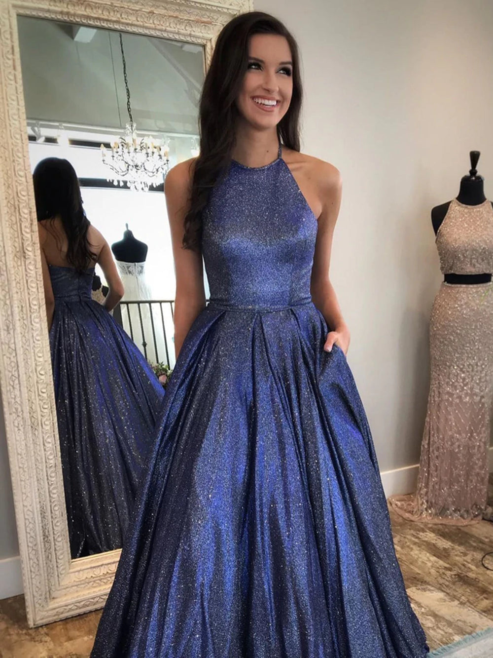 Shiny Halter Neck Backless Dark Blue Long Prom Dresses with Pocket, Backless Blue Formal Graduation Evening Dresses 