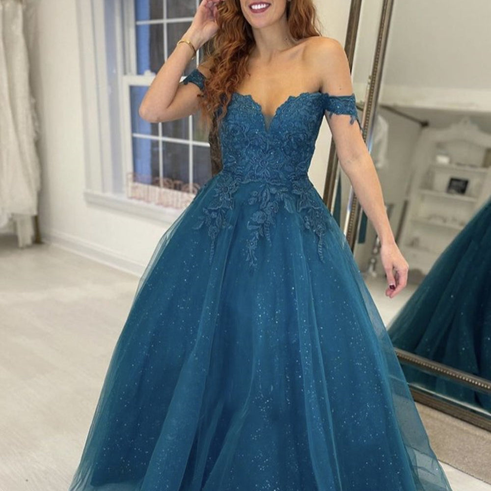 
                      
                        Shiny Off Shoulder Blue Lace Long Prom Dresses, y Blue Lace Formal Evening Dresses
                      
                    