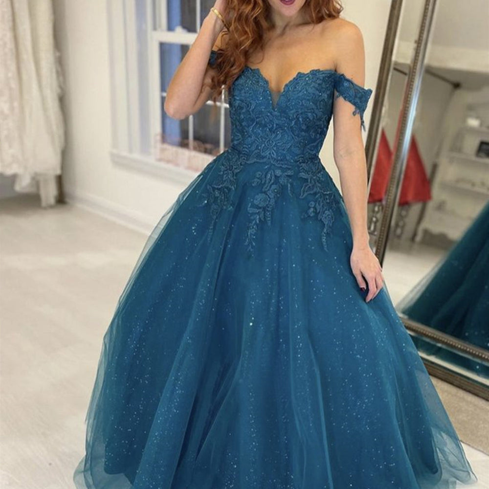 Shiny Off Shoulder Blue Lace Long Prom Dresses, y Blue Lace Formal Evening Dresses