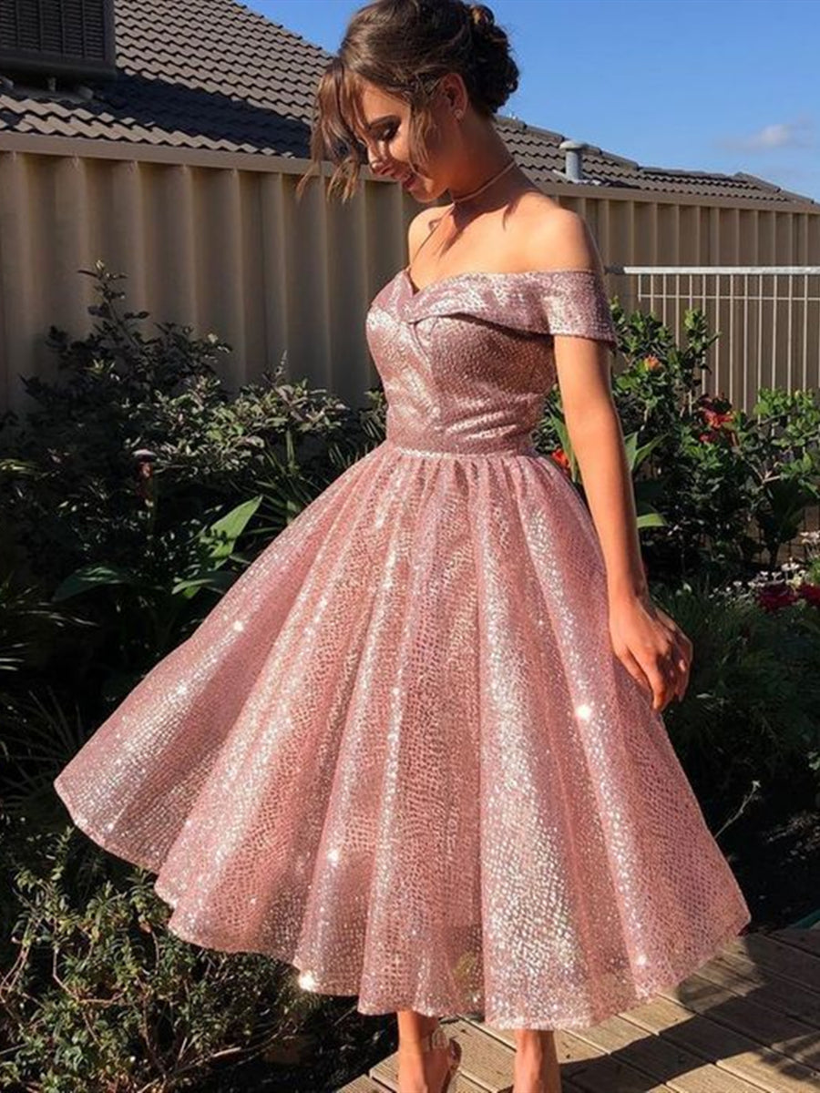 Shiny Off Shoulder Knee Length Rose Pink Prom Dresses, y Pink Formal Graduation Homecoming Dresses