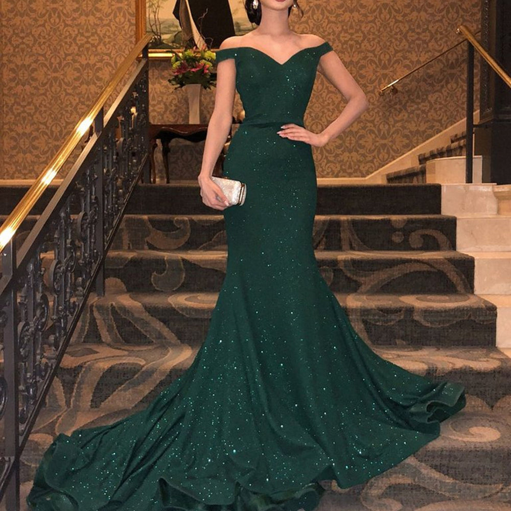 Shiny Off Shoulder Mermaid Dark Green Long Prom Dresses, y Mermaid Green Formal Evening Dresses