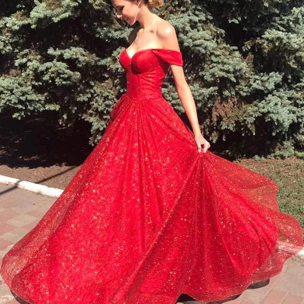 
                      
                        Shiny Off Shoulder Red Long Prom Dresses, Off the Shoulder Red Formal Dresses, y Red Evening Dresses
                      
                    