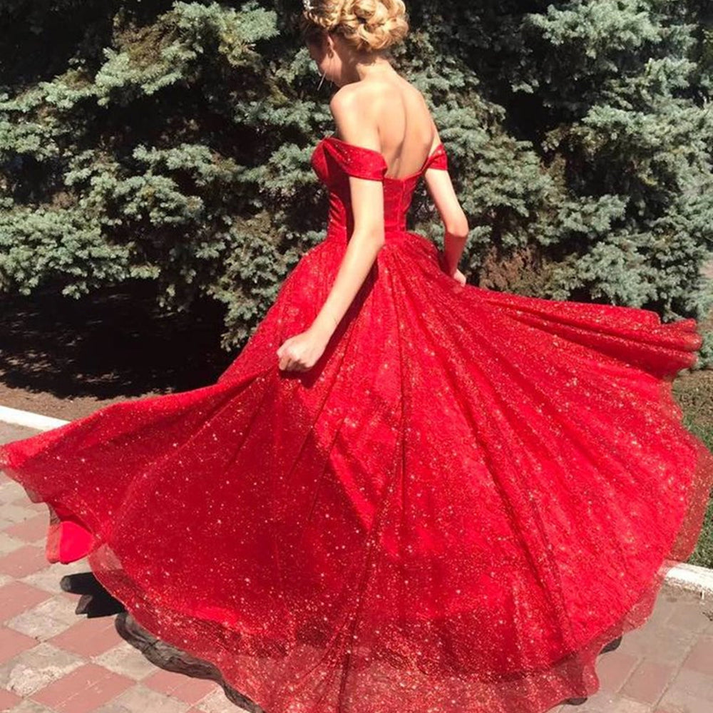 
                      
                        Shiny Off Shoulder Red Long Prom Dresses, Off the Shoulder Red Formal Dresses, y Red Evening Dresses
                      
                    