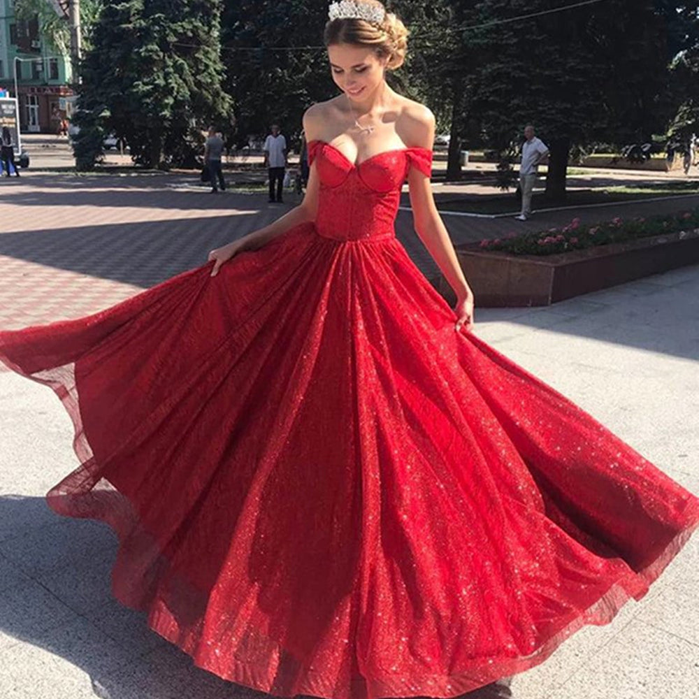 Shiny Off Shoulder Red Long Prom Dresses, Off the Shoulder Red Formal Dresses, y Red Evening Dresses