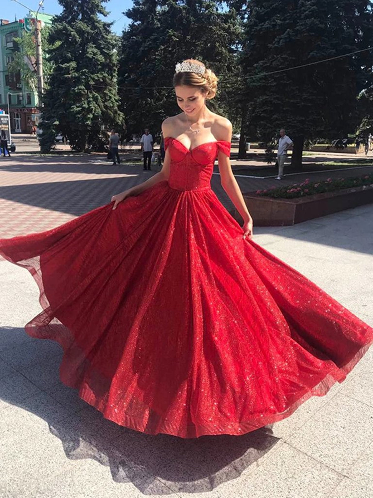 Shiny Off Shoulder Red Long Prom Dresses, Off the Shoulder Red Formal Dresses, y Red Evening Dresses