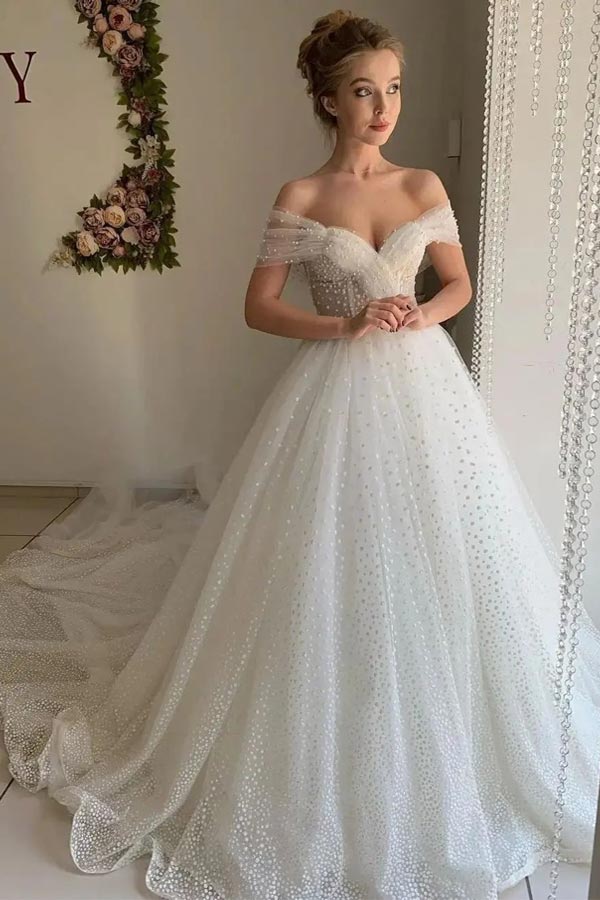 Shiny Off The Shoulder Ivory Wedding Dresses Long Prom Dress