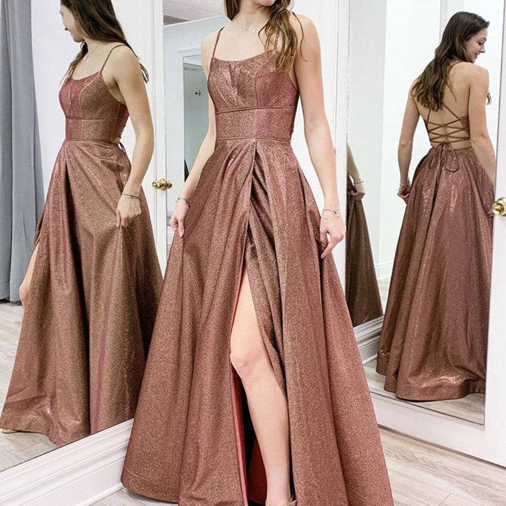 Shiny Open Back Brown Long Prom Dresses with Slit, y Brown Formal Evening Dresses