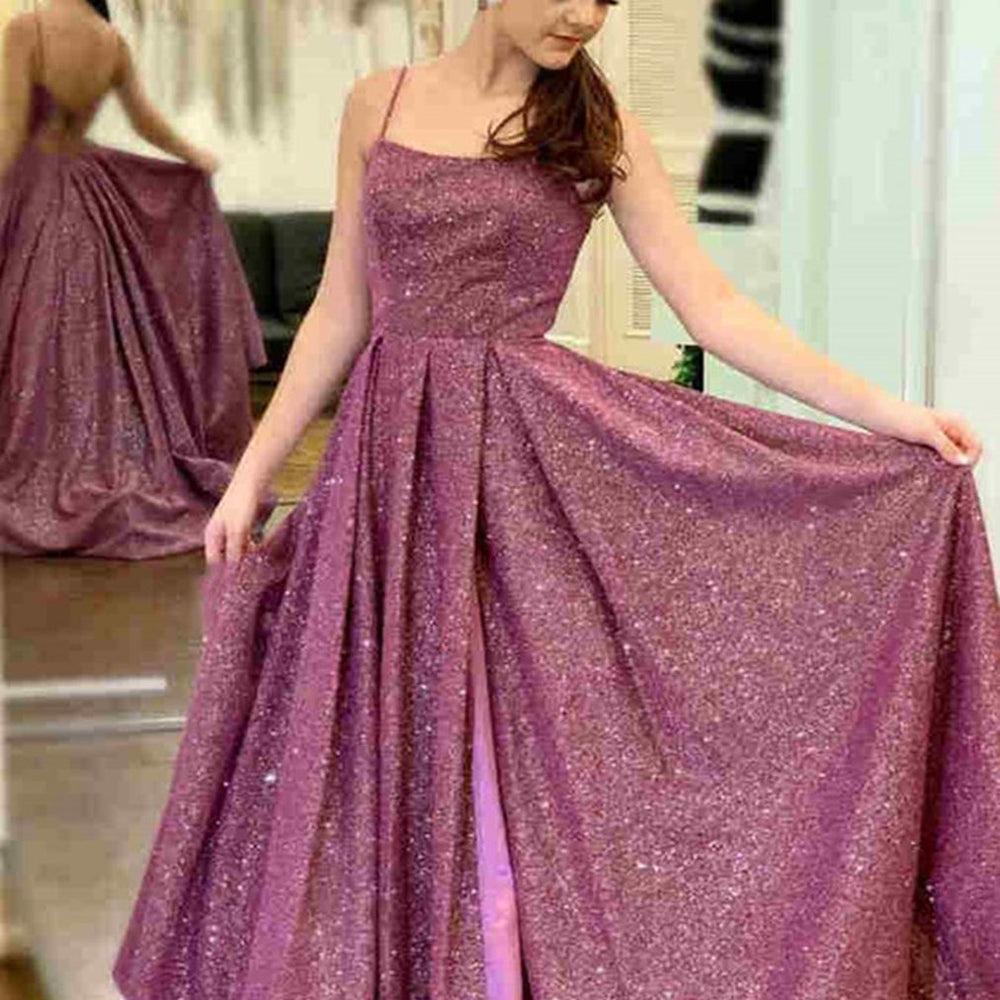 
                      
                        Shiny Open Back Purple Long Prom Dresses with Slit, Thin Strap Purple Long Formal Evening Dresses
                      
                    