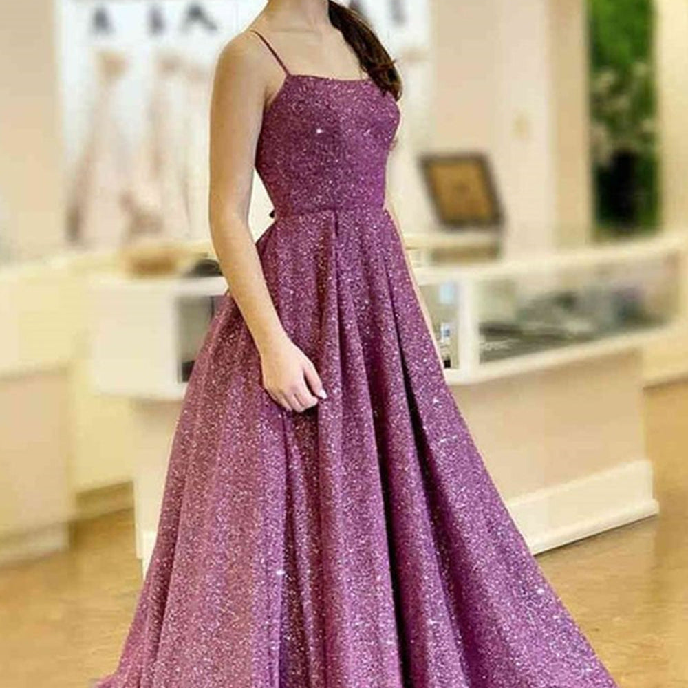 
                      
                        Shiny Open Back Purple Long Prom Dresses with Slit, Thin Strap Purple Long Formal Evening Dresses
                      
                    