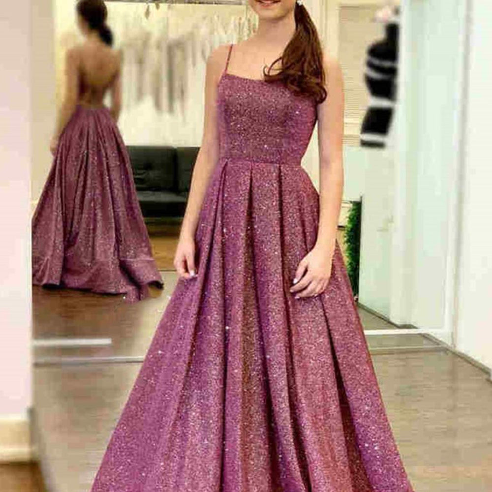 Shiny Open Back Purple Long Prom Dresses with Slit, Thin Strap Purple Long Formal Evening Dresses