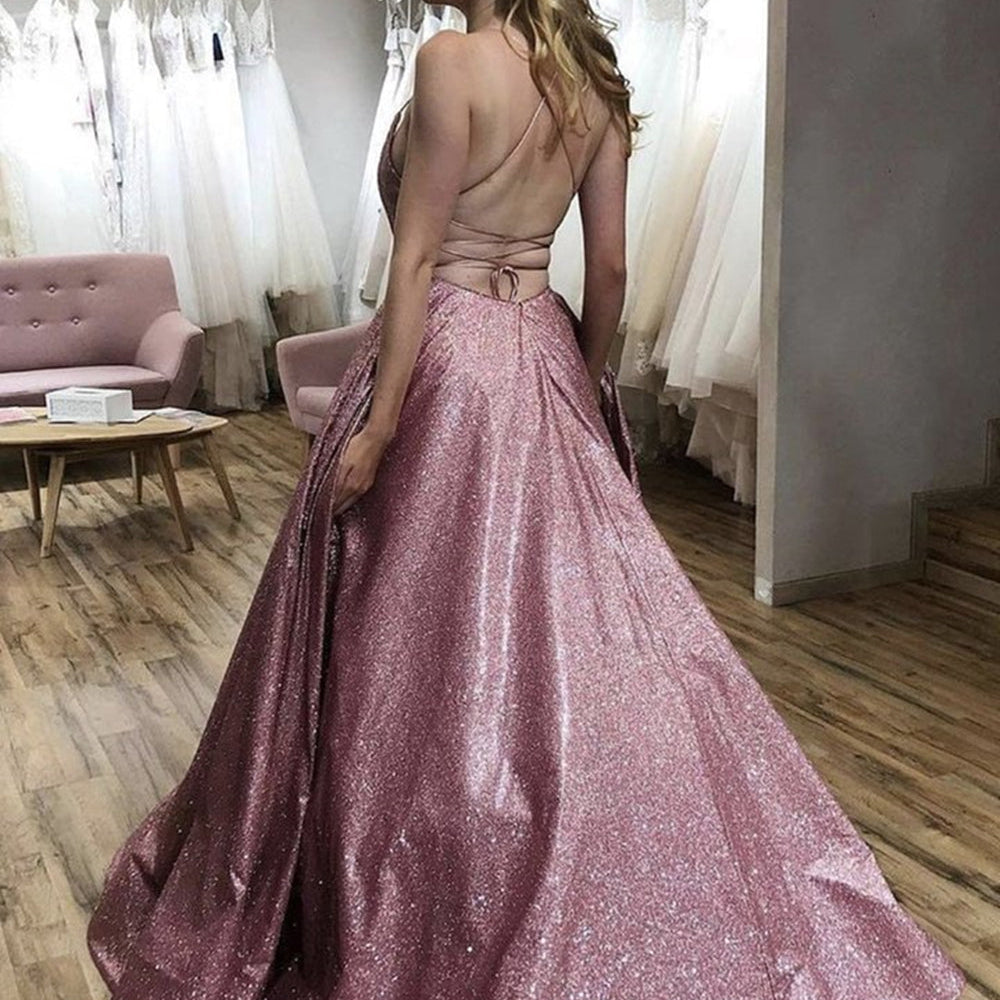 
                      
                        Shiny Open Back Thin Strap Pink Long Prom Dresses, Backless Pink Formal Evening Dresses
                      
                    