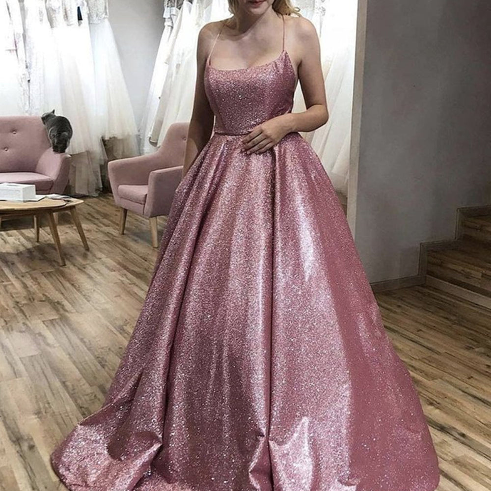 Shiny Open Back Thin Strap Pink Long Prom Dresses, Backless Pink Formal Evening Dresses