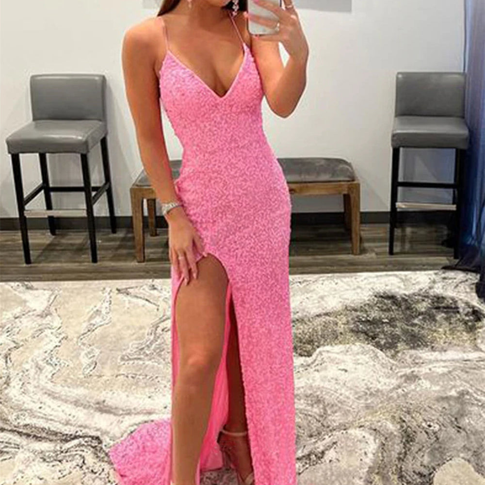 
                      
                        Shiny Pink Sequins V Neck Mermaid Long Prom Dresses with High Slit, Mermaid Pink Formal Graduation Evening Dresses 
                      
                    