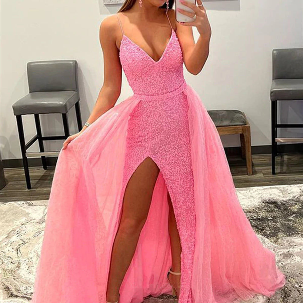 Shiny Pink Sequins V Neck Mermaid Long Prom Dresses with High Slit, Mermaid Pink Formal Graduation Evening Dresses 