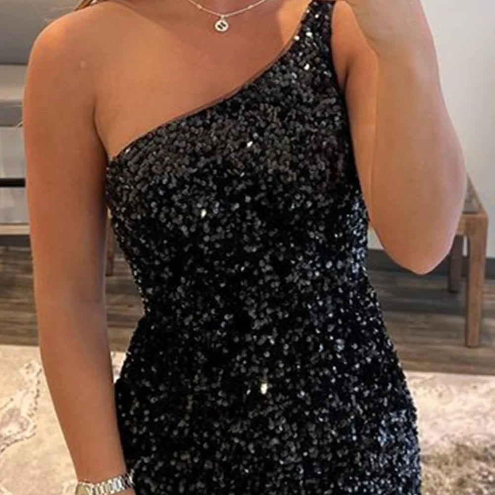 
                      
                        Shiny Sequins One Shoulder Black Prom Dresses, Short Black Homecoming Dresses, Black Formal Graduation Evening Dresses 
                      
                    