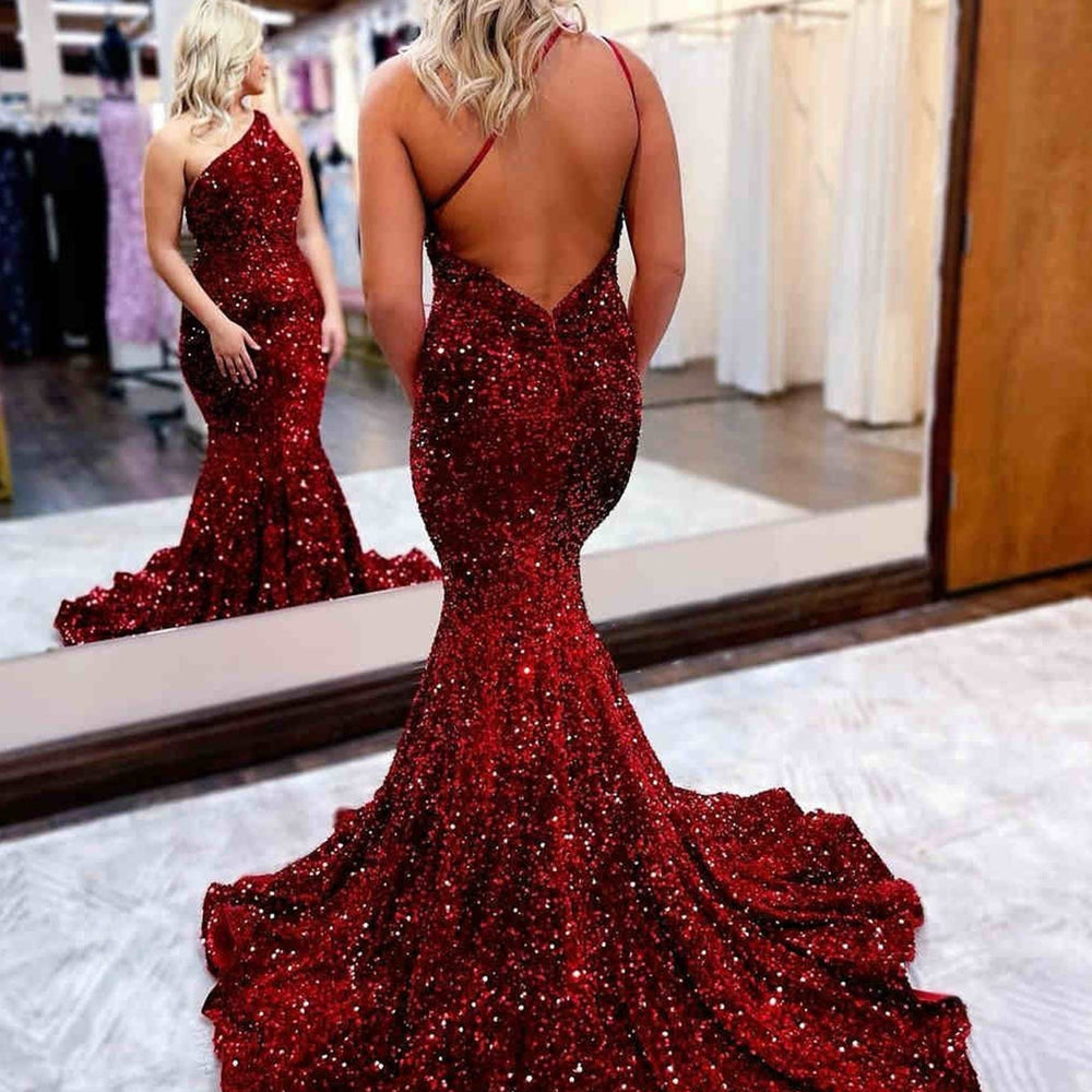 
                      
                        Shiny Sequins One Shoulder Mermaid Backless Burgundy Long Prom Dresses, Mermaid Burgundy Formal Dresses, Burgundy Evening Dresses 
                      
                    