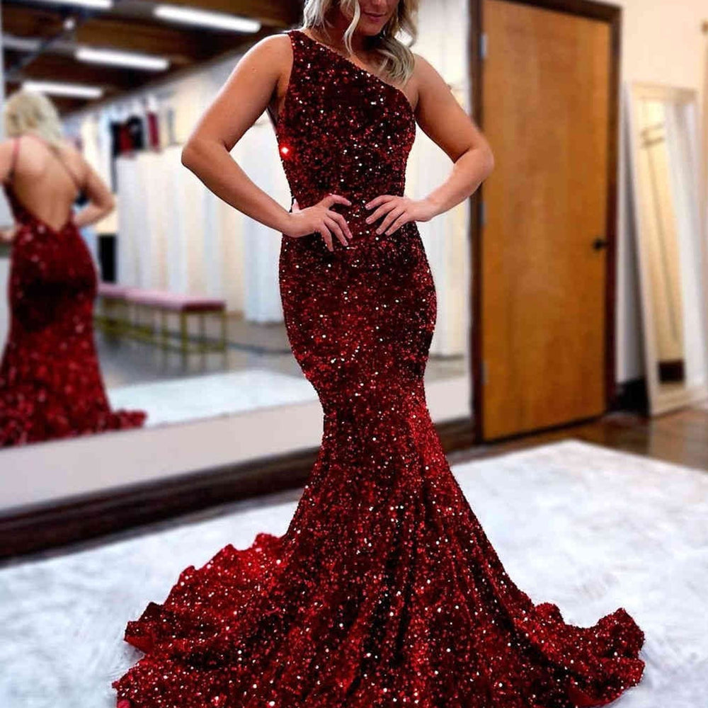 Shiny Sequins One Shoulder Mermaid Backless Burgundy Long Prom Dresses, Mermaid Burgundy Formal Dresses, Burgundy Evening Dresses 