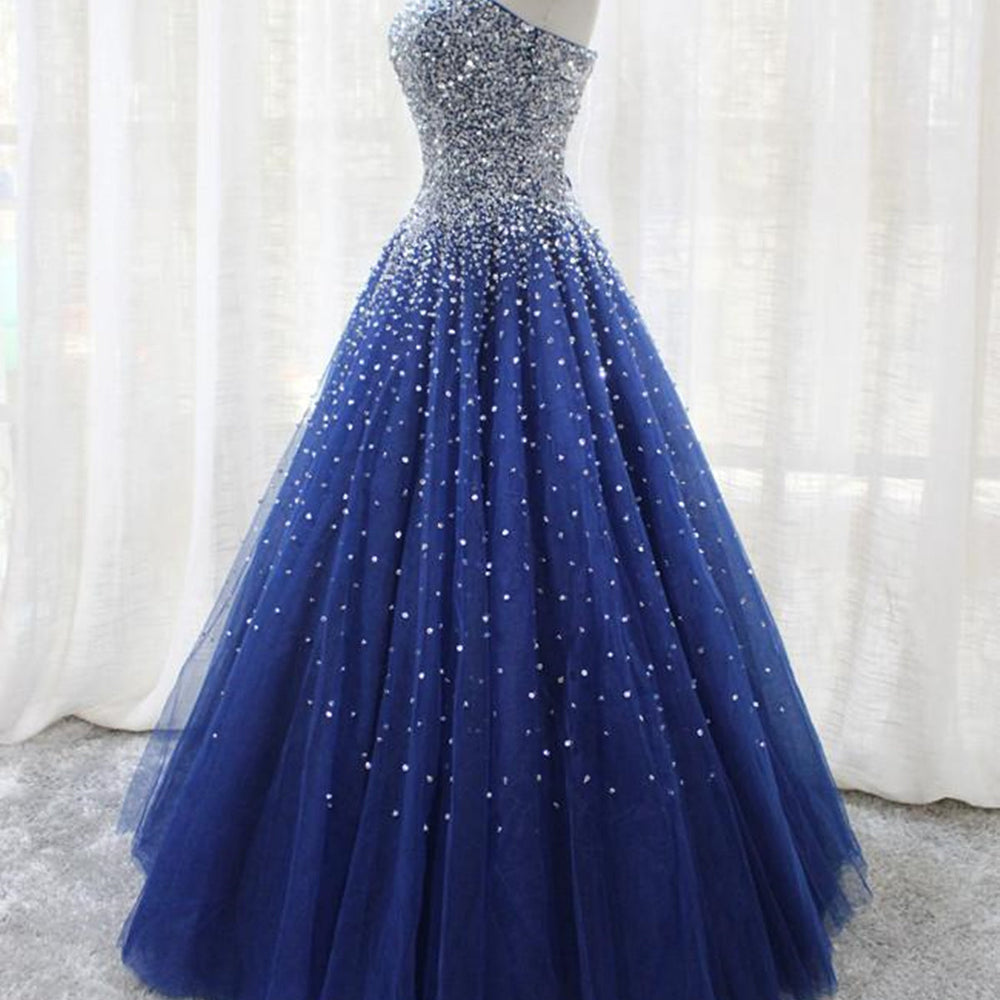 
                      
                        Shiny Sequins Strapless Blue Long Prom Dresses, y Blue Formal Evening Dresses, Blue Ball Gown 
                      
                    