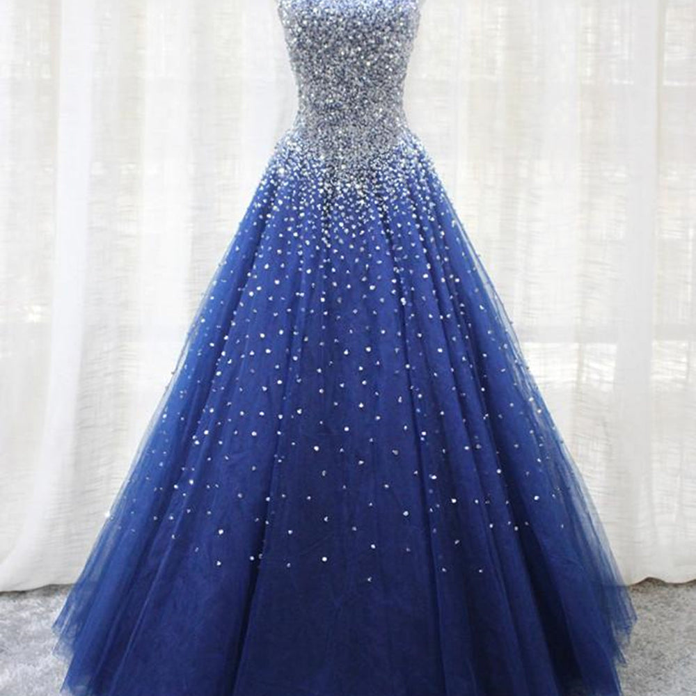 Shiny Sequins Strapless Blue Long Prom Dresses, y Blue Formal Evening Dresses, Blue Ball Gown 