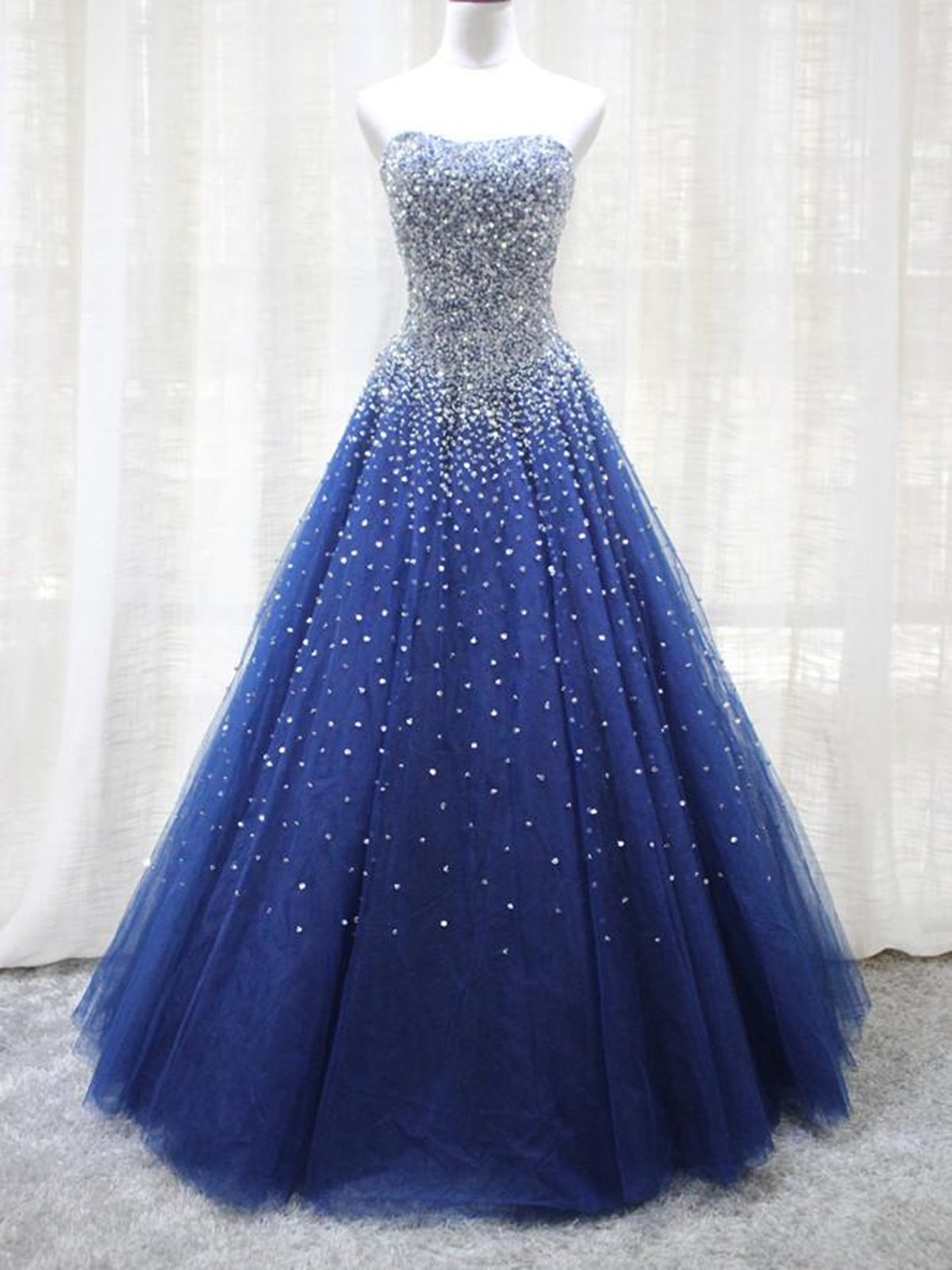 Shiny Sequins Strapless Blue Long Prom Dresses, y Blue Formal Evening Dresses, Blue Ball Gown 