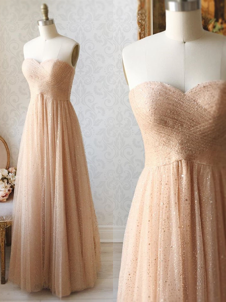 Shiny Sequins Strapless Champagne Long Prom Dresses, Champagne Formal Dresses, y Evening Dresses