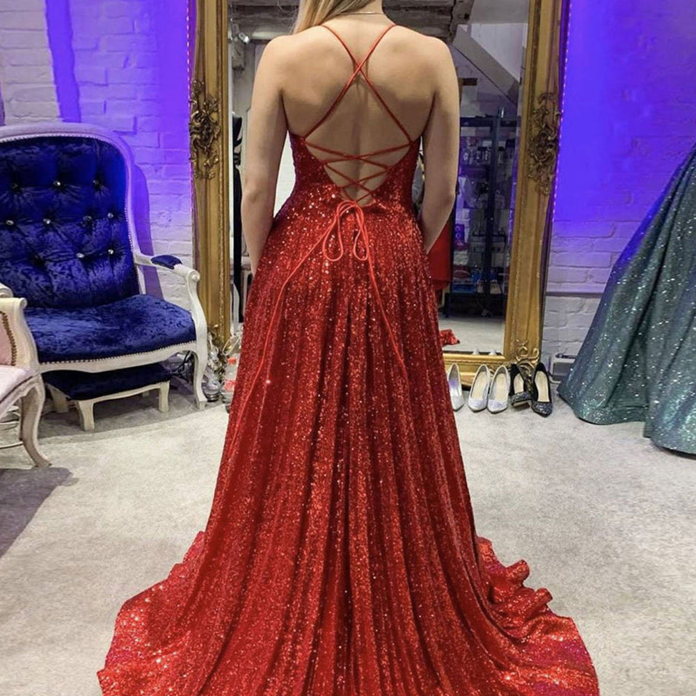 
                      
                        Shiny Sequins V Neck Backless Burgundy Long Prom Dresses with High Slit, Burgundy Formal Graduation Evening Dresses 
                      
                    