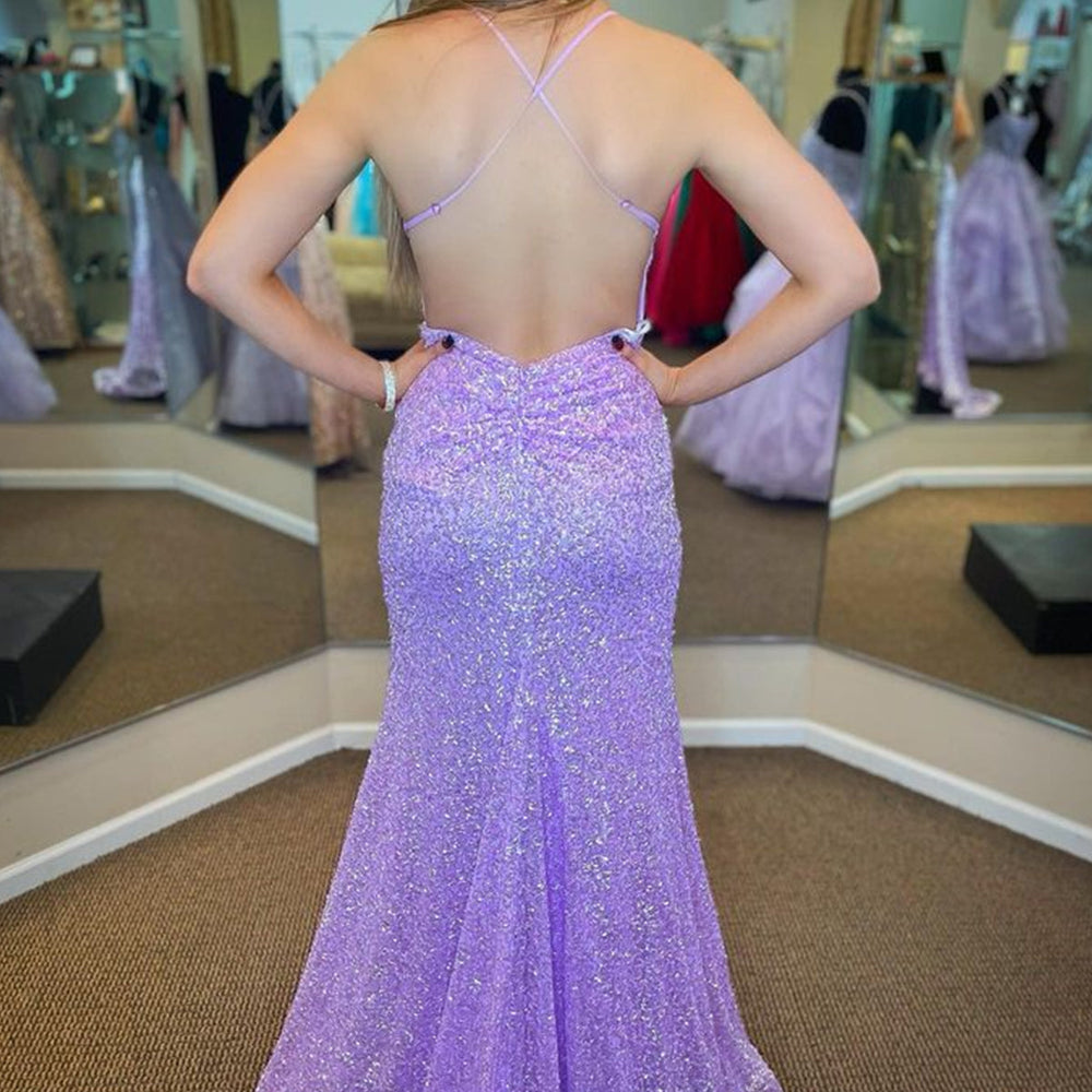 
                      
                        Shiny Sequins V Neck Backless Mermaid Lilac Long Prom Dresses, Backless Purple Formal Dresses, Mermaid Evening Dresses 
                      
                    