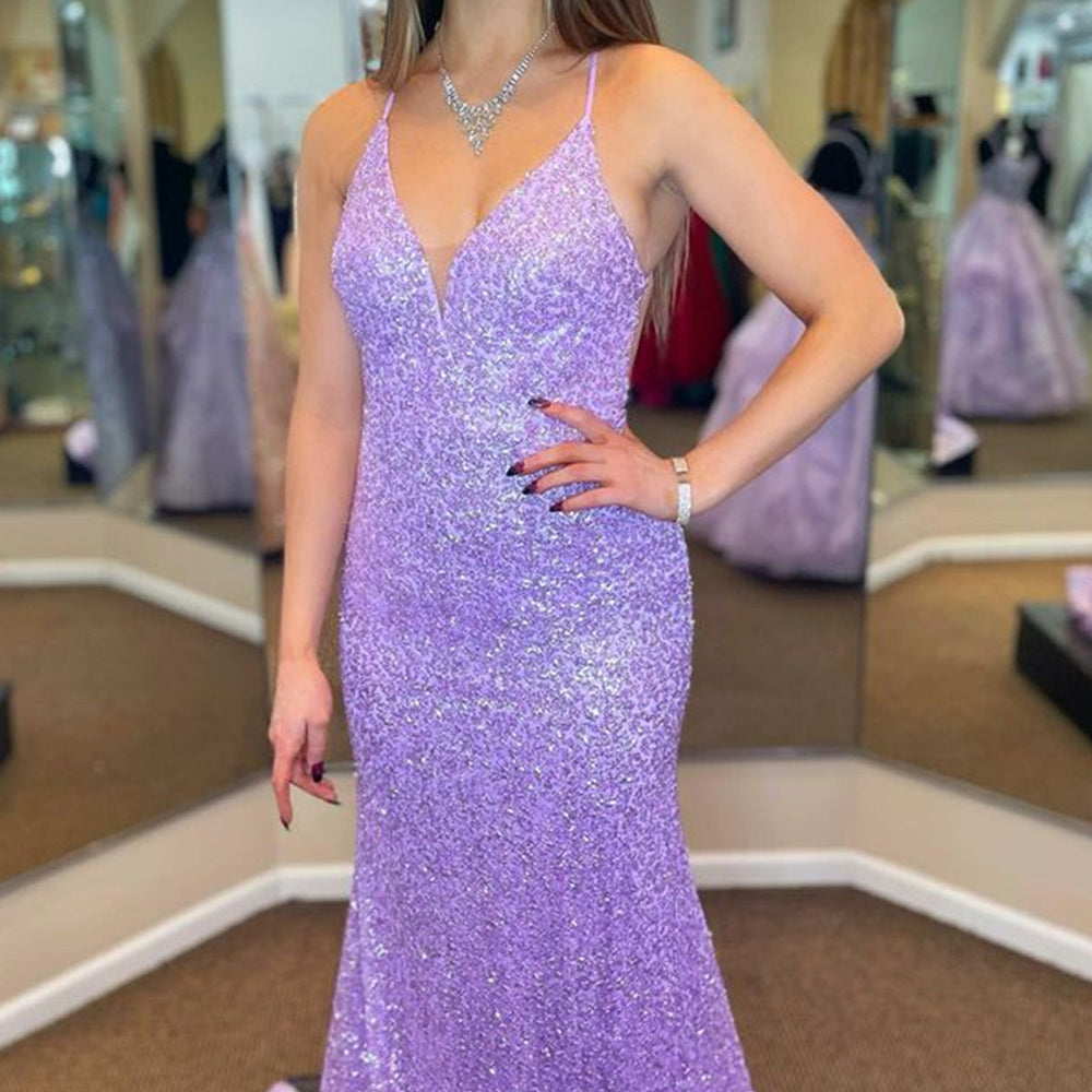 Shiny Sequins V Neck Backless Mermaid Lilac Long Prom Dresses, Backless Purple Formal Dresses, Mermaid Evening Dresses 