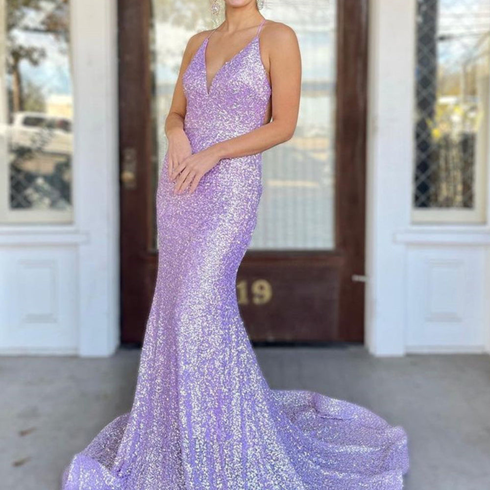 Shiny Sequins V Neck Backless Mermaid Lilac Long Prom Dresses, Mermaid Purple Formal Dresses, Lavender Evening Dresses 