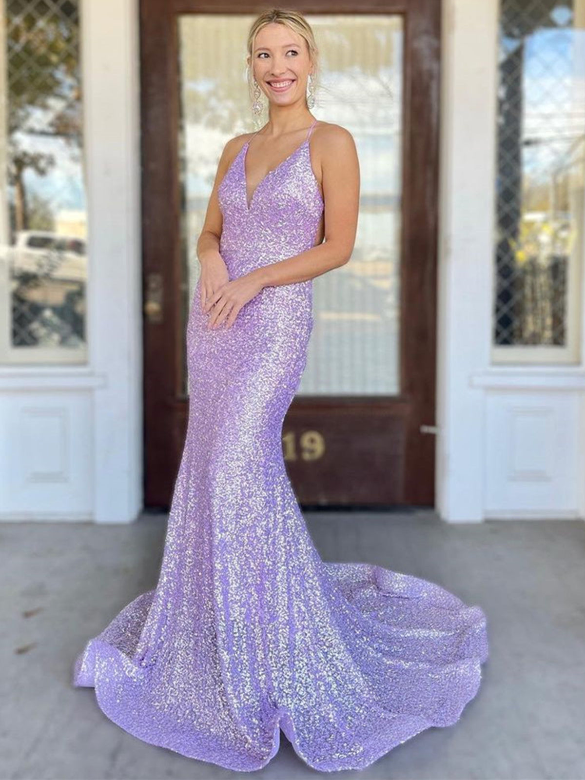 Shiny Sequins V Neck Backless Mermaid Lilac Long Prom Dresses, Mermaid Purple Formal Dresses, Lavender Evening Dresses 