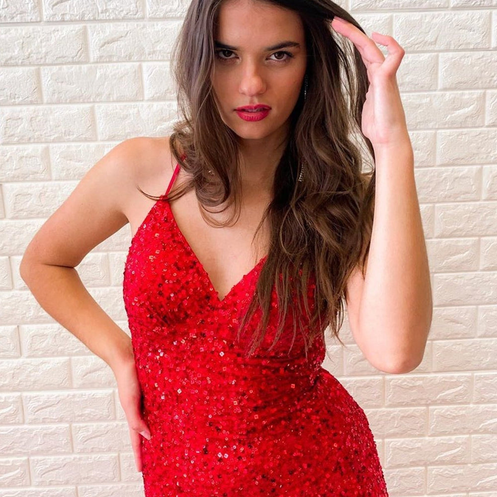 
                      
                        Shiny Sequins V Neck Backless Red Long Prom Dresses, V Neck Red Formal Dresses, y Red Sequins Evening Dresses 
                      
                    