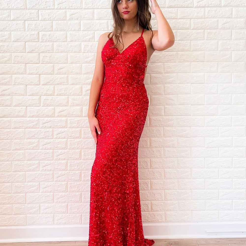 Shiny Sequins V Neck Backless Red Long Prom Dresses, V Neck Red Formal Dresses, y Red Sequins Evening Dresses 