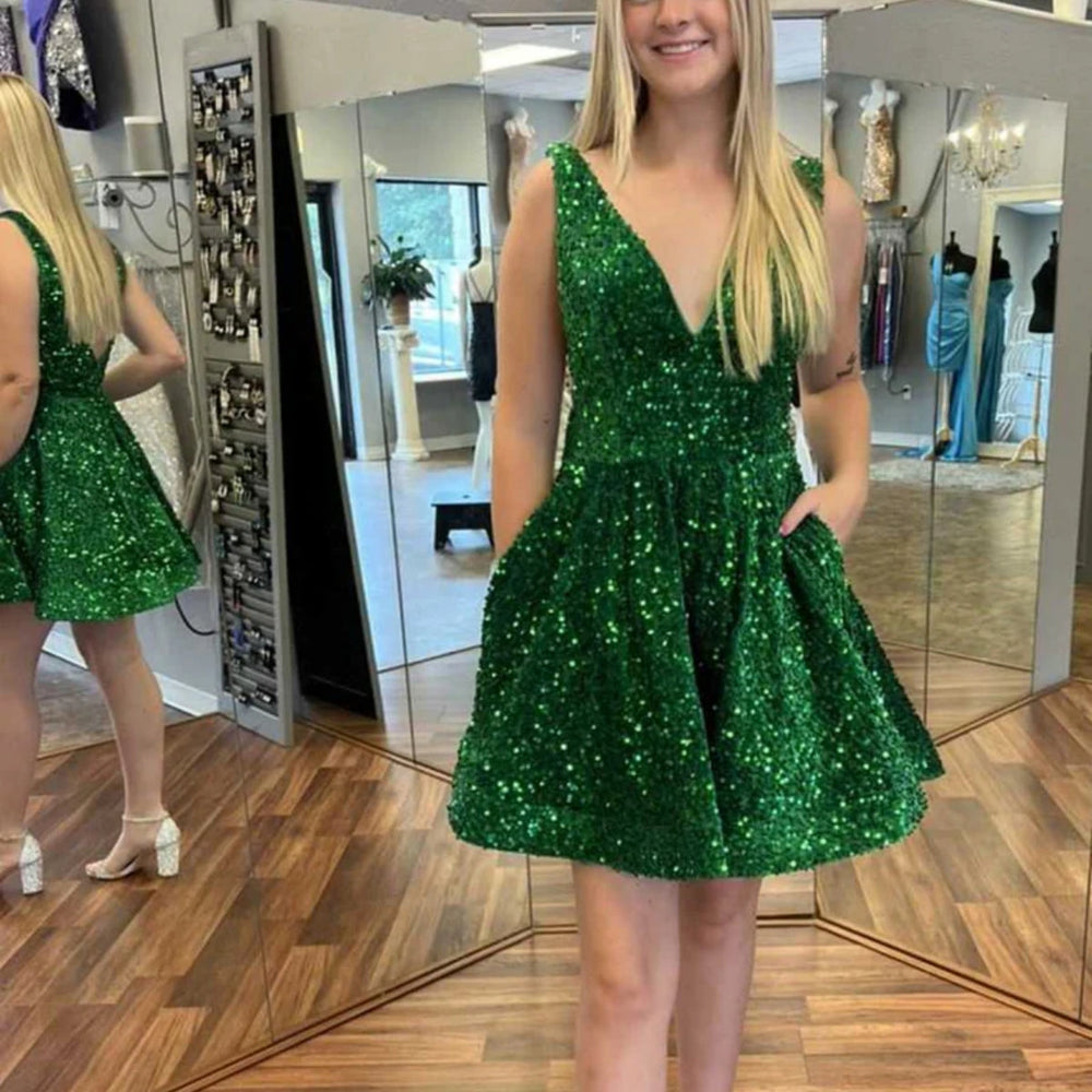 Shiny Sequins V Neck Green Prom Dresses, Short Green Homecoming Dresses, Green Formal Evening Dresses 