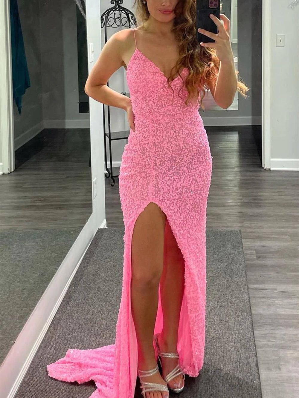 Shiny Sequins V Neck Mermaid Pink Long Prom Dresses with High Slit, Mermaid Pink Formal Graduation Evening Dresses 