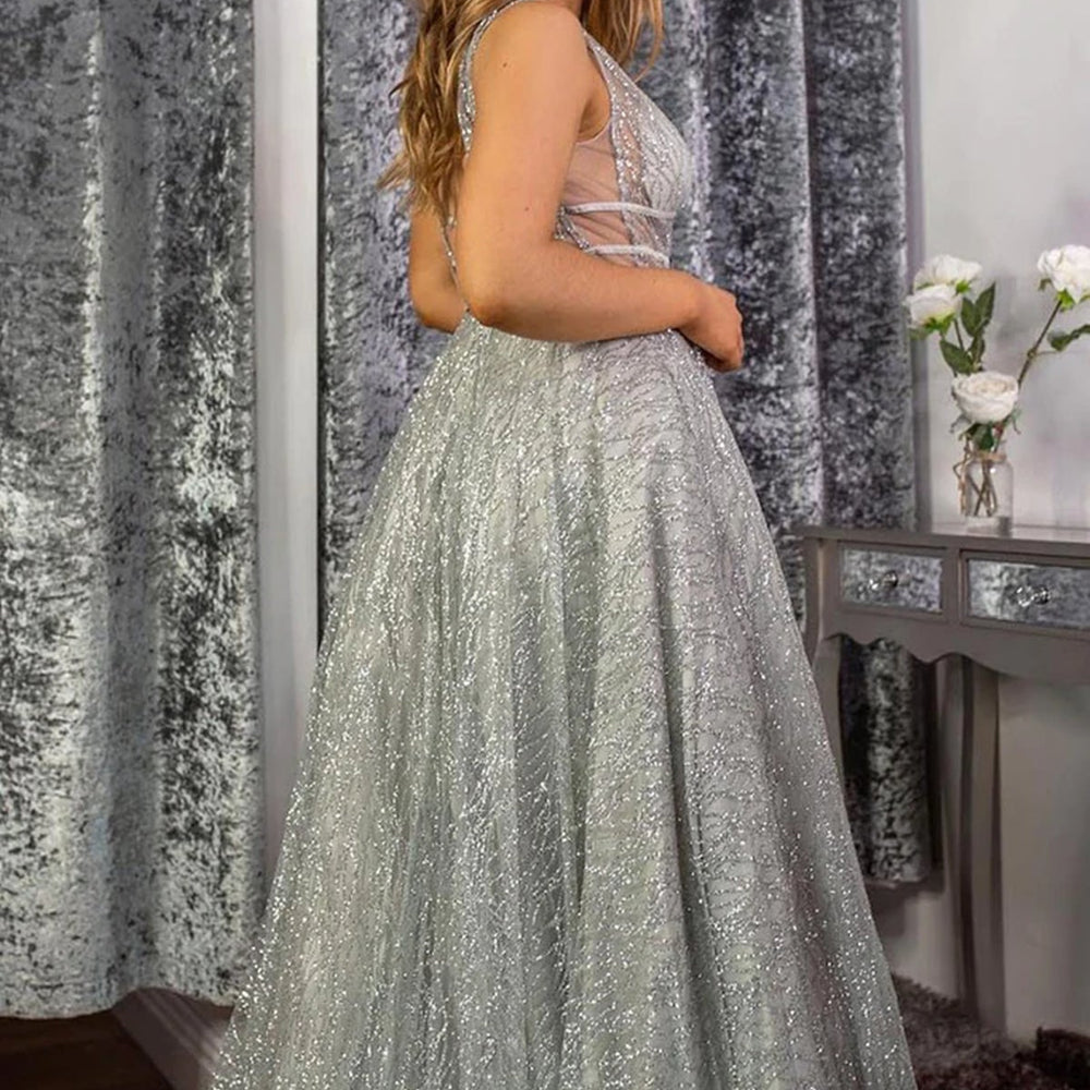 
                      
                        Shiny Sequins V Neck Silver Gray Long Prom Dresses, Silver Grey Formal Graduation Evening Dresses 
                      
                    