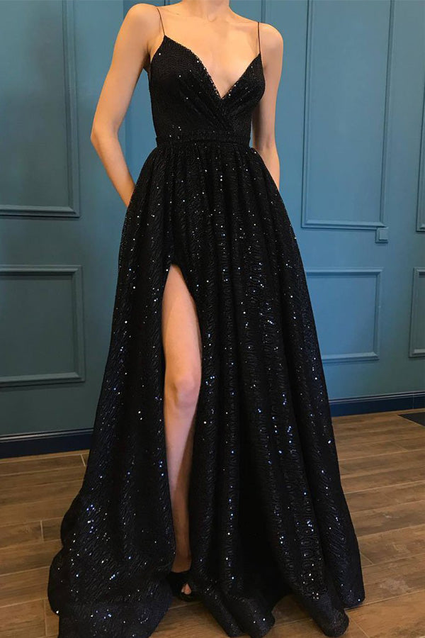 Shiny Spaghetti Straps Side Slit Prom Dress With Pocket