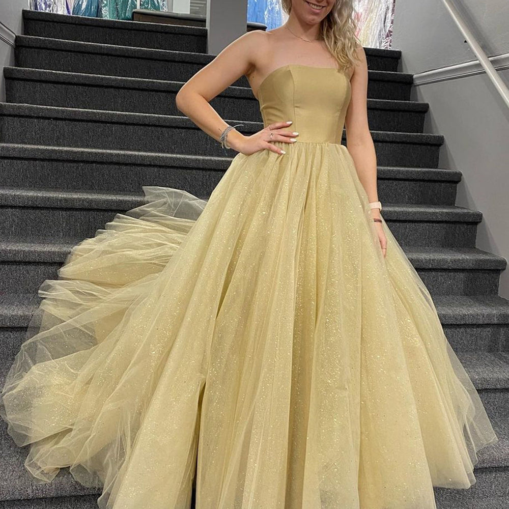 Shiny Strapless Champagne Tulle Long Prom Dresses, Champagne Formal Evening Dresses, Ball Gown