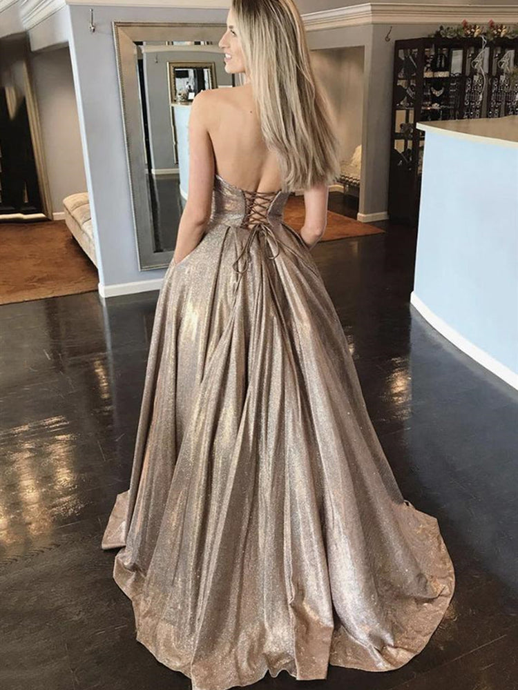 
                      
                        Shiny Strapless Sweetheart Neck Long Champagne Prom Dresses, Champagne Formal Dresses, y Evening Dresses
                      
                    