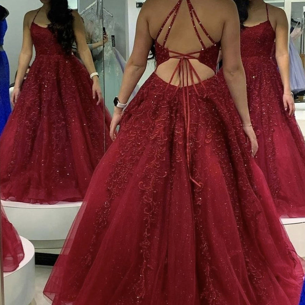 
                      
                        Shiny Tulle Backless Burgundy Lace Long Prom Dresses, Burgundy Lace Formal Dresses, Burgundy Evening Dresses 
                      
                    