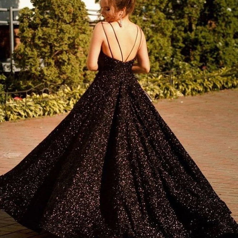 
                      
                        Shiny V Neck Backless Black Long Prom Dresses, Open Back Black Formal Evening Dresses, y Black Ball Gown
                      
                    