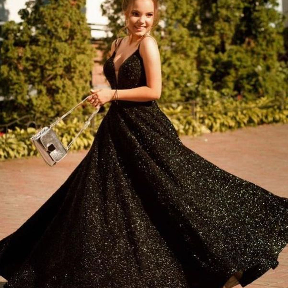 Shiny V Neck Backless Black Long Prom Dresses, Open Back Black Formal Evening Dresses, y Black Ball Gown